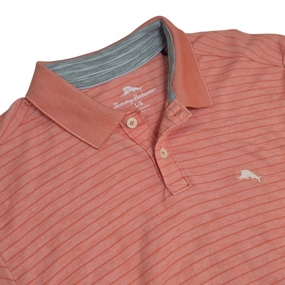 Tommy Bahama Other - Tommy Bahama Polo Shirt Mens Large Coral Orange Striped Short Sleeve Cotton